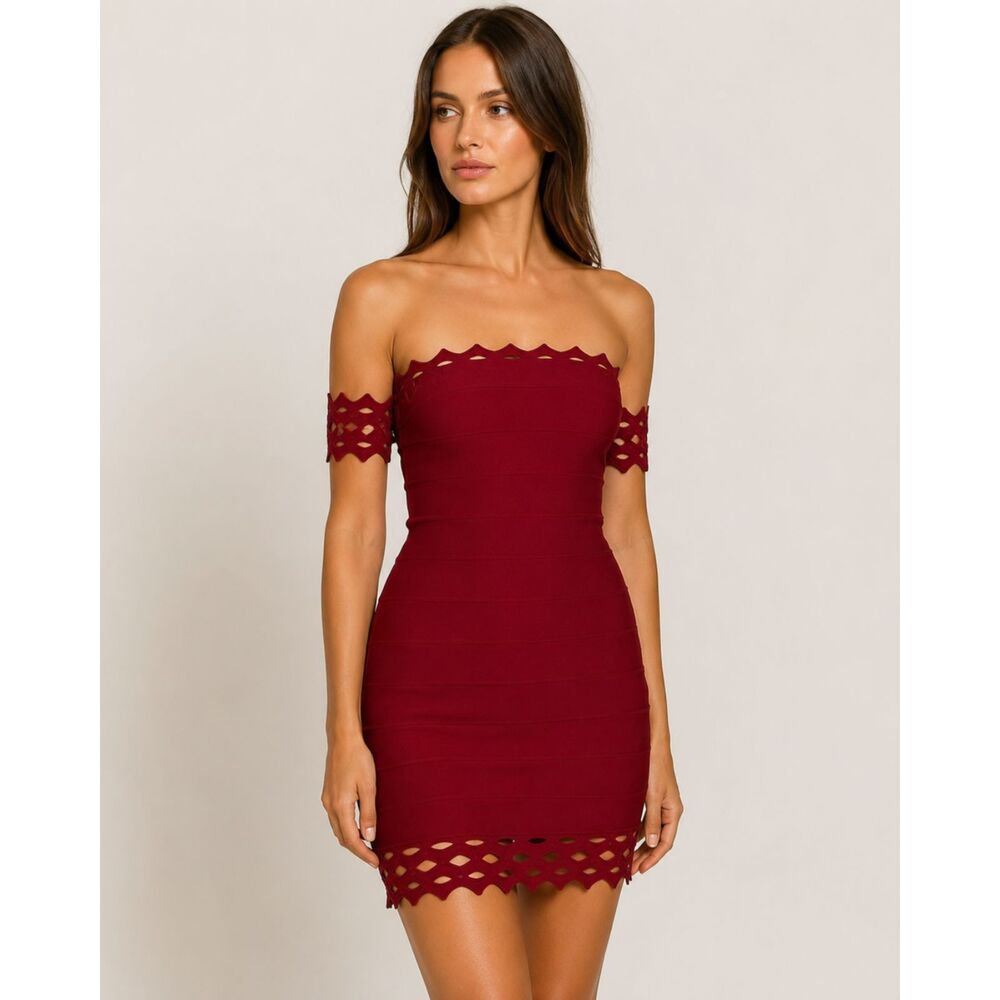 Susana Monaco Burgundy Red Bandage Eyelet Off Shoulder Dress Size Medium NWT